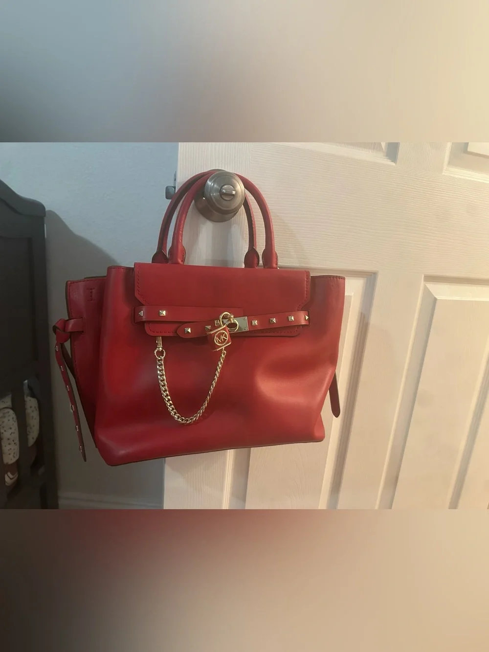 Michael Kors Red Leather Satchel with Gold Chain and Stud Accents